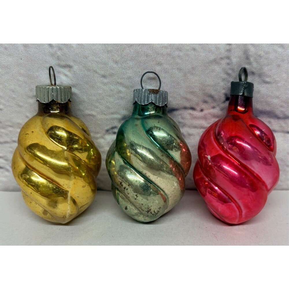 3 Vtg  Shiny Brite & Premier Twist/Swirl/Spiral Glass Christmas Ornaments Lot